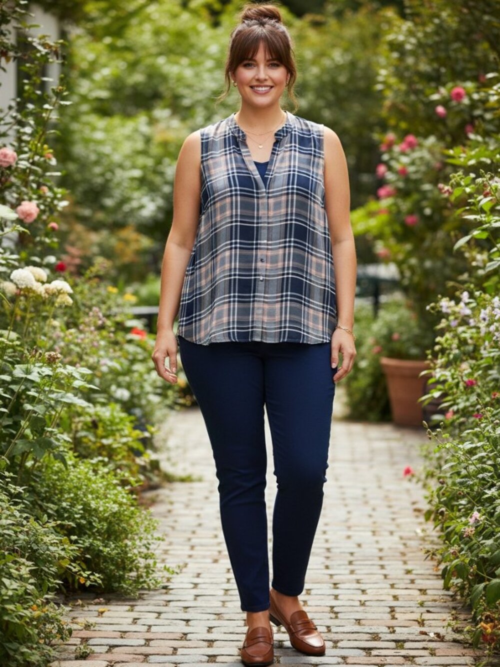 LOFT Plaid Sleeveless Blouse Women Large Navy Pink Excellent V-Neck Top